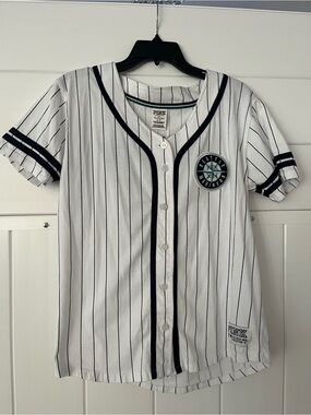 PINK Victoria's Secret White Pinstripe Seattle Mariners Button-Up Jersey